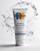 OneShave hydrating shaving lotion tube with water splashes on a light gray background